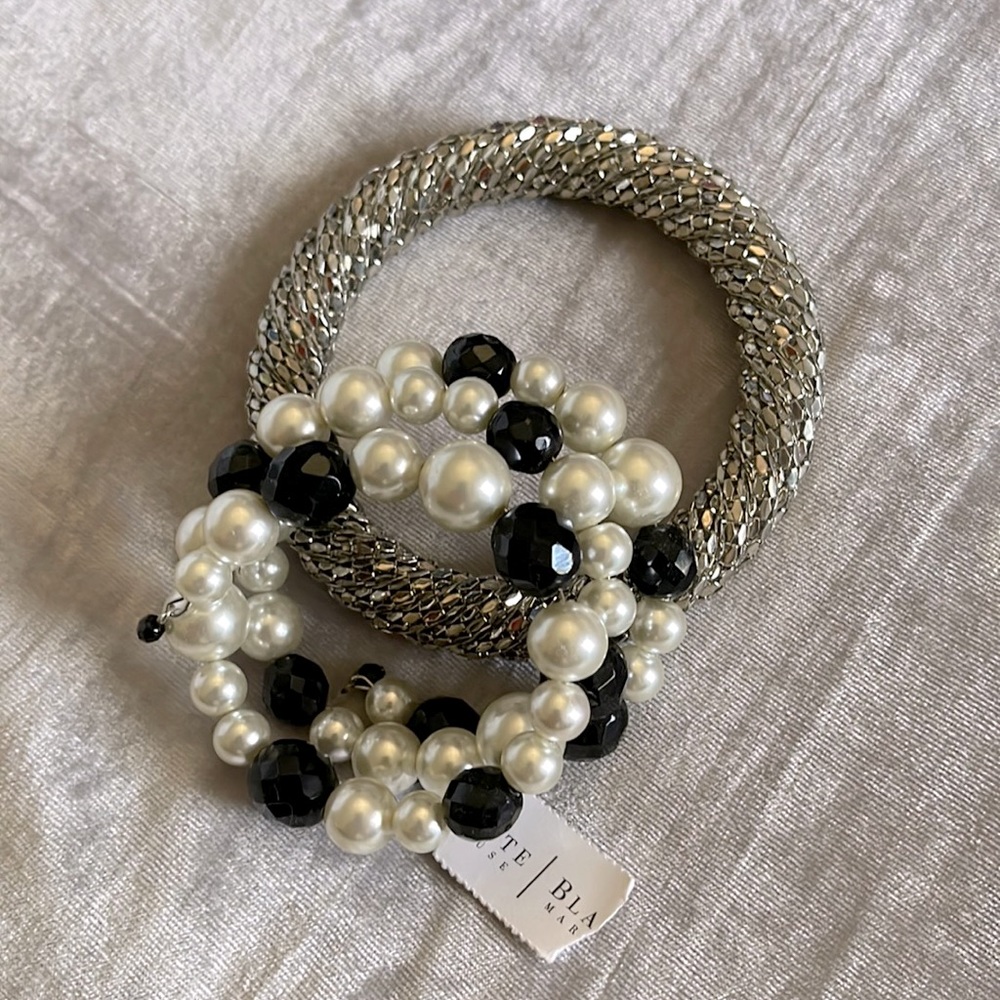 WHBM Faux Pearl & Black Bead Wrap Bracelet + Silver Toned Thick Bangle *2-for-1*